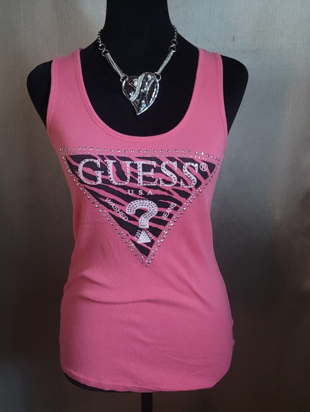 GUESS Pink Logo Tank with Rhinestone Triangle